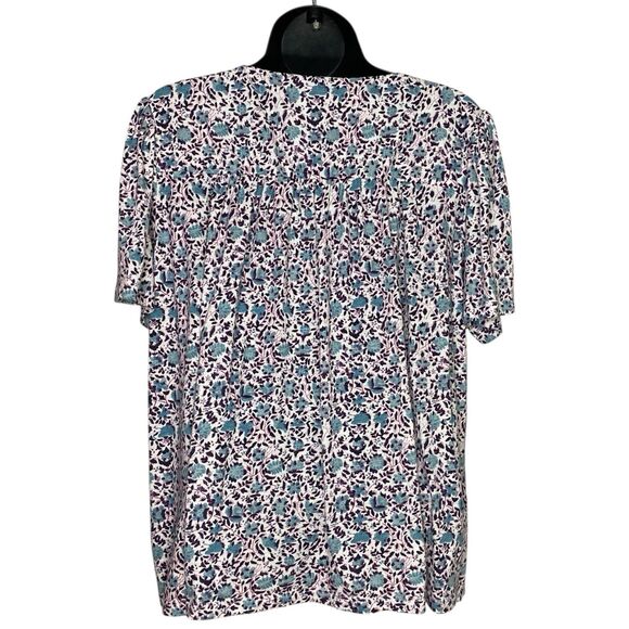 Lucky Brand Top Womens XL Short Sleeve Boho Peasant Floral Smocked Blue Pink - Picture 2 of 9